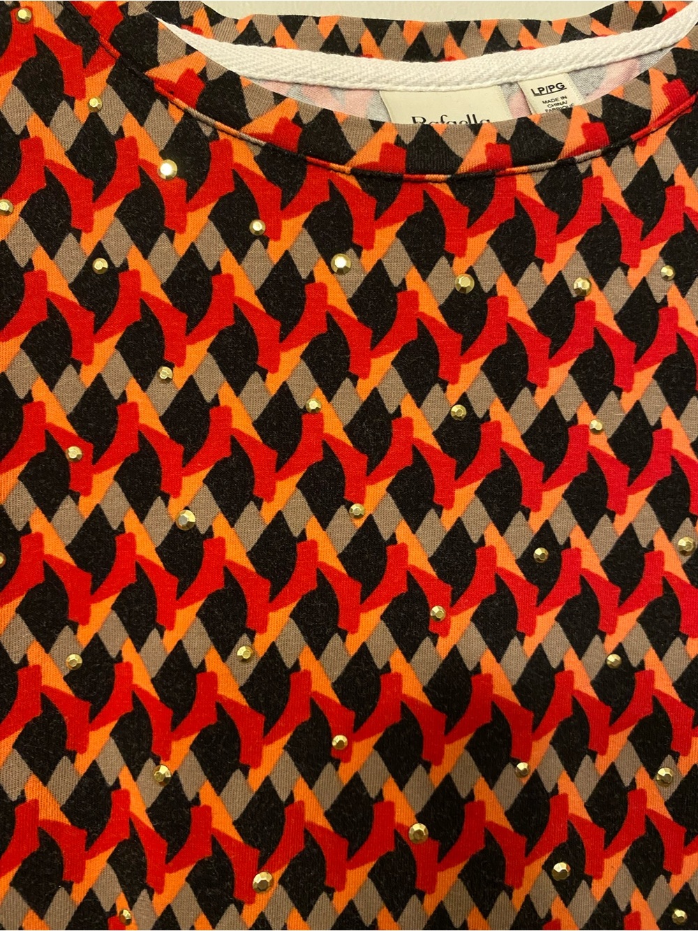Rafaella Studded Geometric Print Blouse in Red, Orange, Black